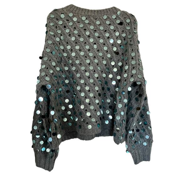 Zara Green Sequined Crewneck Long Sleeve Knit Pullover Sweater Size Large - Picture 2 of 6